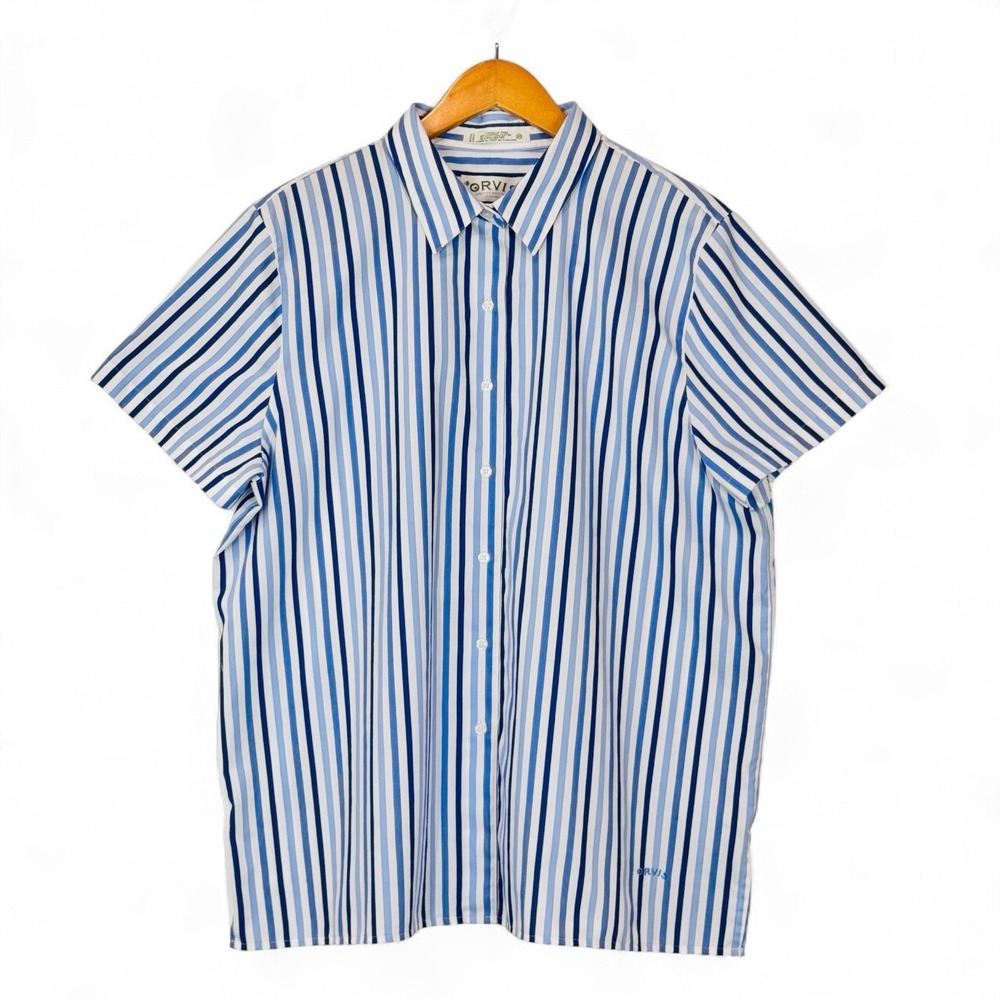 Orvis Button Up Shirt Womens 20 Blue White Striped Wrinkle Free Nautical Top